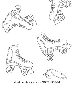 Vector seamless pattern of hand drawn sketch doodle retro quad roller skates isolated on white background