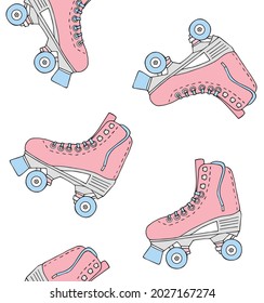 Vector seamless pattern of hand drawn sketch doodle pink colored quad roller skates isolated on white background