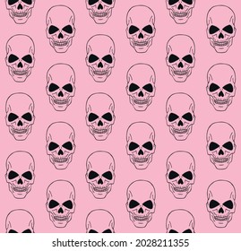 Vector seamless pattern of hand drawn doodle sketch human skull isolated on pink background