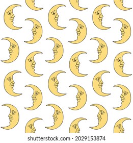 Vector seamless pattern of hand drawn doodle sketch crescent boho antique astrological colored moon with face isolated on white background