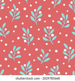 Vector seamless pattern with hand drawn branches with berries. Cute design for Christmas wrappings, textile and backgrounds.