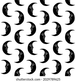 Vector seamless pattern of hand drawn doodle sketch crescent boho antique astrological black moon with face isolated on white background