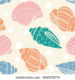 Vector seamless pattern with hand drawn scallop seashells, sea elements and stars. Beautiful marine design, perfect for prints and patterns, textile, fabric, children background