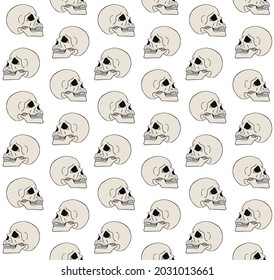 Vector seamless pattern of hand drawn doodle sketch colored human skull isolated on white background