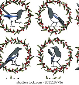 Vector seamless pattern with hand drawn cute Magpies in graceful jew-tree wreath with red fruit. Ink drawing, graphic style. Beautiful Christmas design elements, perfect for prints and patterns