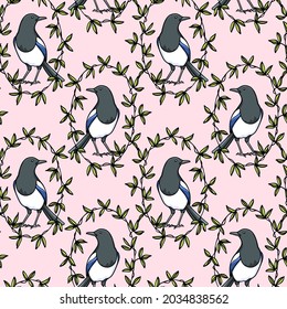 Vector seamless pattern with hand drawn cute Magpie in green leafy  wreath. Ink drawing, cartoon style. Beautiful animal design elements. Perfect for prints and patterns