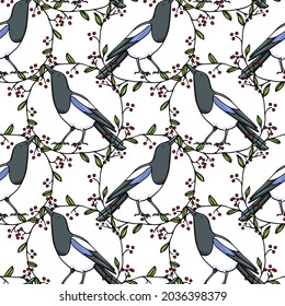 Vector seamless pattern with hand drawn cute Magpie in green floral wreath with red berries. Ink drawing, cartoon style. Beautiful animal design elements.