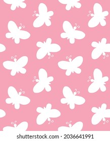 Vector Seamless Pattern Of Hand Drawn Doodle Sketch Butterfly Butter Fly Silhouette Isolated On Pink Background