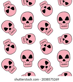 Vector seamless pattern of hand drawn doodle sketch pink skull isolated on white background