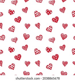 Vector Seamless Pattern – Hand Drawn Hearts, Bright Red Hearts on White Background, Doodle Drawings, Background Template.