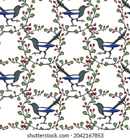 Vector seamless pattern with hand drawn cute Magpie in hawthorn wreath. Ink drawing, cartoon style. Beautiful animal design elements.