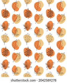 Vector seamless pattern of hand drawn doodle sketch autumn leaves and abstract dots isolated on white background