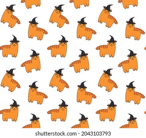 Vector seamless pattern of hand drawn doodle sketch ginger colored Halloween cat in witch hat isolated on white background