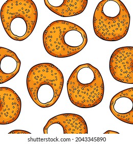 Vector seamless pattern with hand drawn traditional Lebanese purse bread - Ka'ak. Ink drawing, graphic style. Beautiful food design elements, perfect for prints and patterns