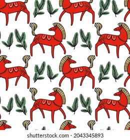 Vector seamless pattern with hand drawn sweet Swedish Dala Horses with pine twigs. Beautiful design elements, ink drawing. Wonderful Advent, Christmas or New Year pattern.