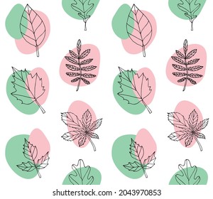 Vector seamless pattern of hand drawn doodle sketch leaves and abstract dots isolated on white background