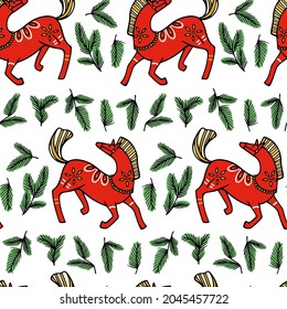 Vector seamless pattern with hand drawn sweet Swedish Dala Horses with pine twigs. Beautiful design elements, ink drawing. Wonderful Advent, Christmas or New Year pattern.