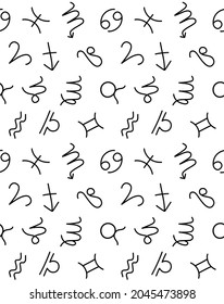 Vector seamless pattern of hand drawn doodle sketch astrological zodiac sign isolated on white background