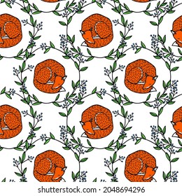 Vector seamless pattern with hand drawn sweet sleeping red foxes in floral berry wreath. Beautiful animals design elements, ink drawing made in cartoonish style. Perfect for prints and patterns