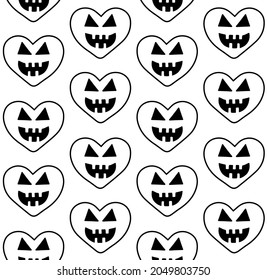 Vector seamless pattern of hand drawn doodle sketch heart with Halloween pumpkin scary face isolated on white background