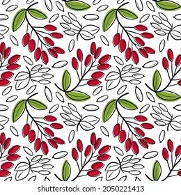 Vector seamless pattern with hand drawn barberry twigs. Beautiful food and nature design elements, perfect for prints and patterns