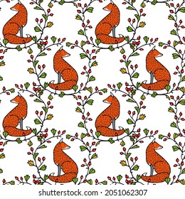 Vector seamless pattern with hand drawn sweet foxes in floral hawthorn wreath. Beautiful animals design elements, ink drawing made in cartoonish style. Perfect for prints and patterns