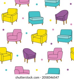 Vector seamless pattern with hand drawn accent chairs. Beautiful design elements, perfect for prints and pattern.
