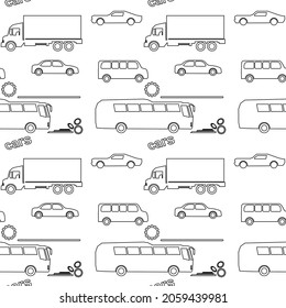 Vector seamless pattern with hand drawn isolated cars on white color. Pattern on the theme of travel and tourism, truck, sedan, and bus. Background for use in design