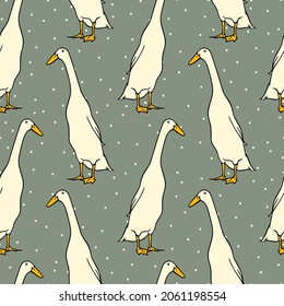 Vector seamless pattern with hand drawn cute Indian Runner duck on polka dots background. Ink drawing, beautiful farm products design elements. Perfect for prints and patterns svg