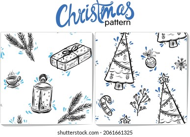 Vector seamless pattern. Hand drawn cute elements: Christmas tree, gift, lollipop, sprig of mistletoe, cup of hot tea, lantern, ball, snowflakes. Nice illustration for wrapping paper.