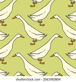 Vector seamless pattern with hand drawn cute Indian Runner ducks. Ink drawing, beautiful farm products design elements. Perfect for prints and patterns svg
