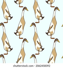 Vector seamless pattern with hand drawn cute fawn and white Indian Runner ducks. Ink drawing, beautiful farm products design elements. Perfect for prints and patterns svg