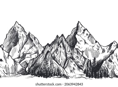 Vector seamless pattern with hand drawn graphic mountain ranges and pine forest. Nature landscape. Black and white outdoor camping background.