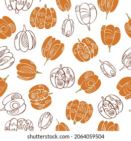  Vector seamless pattern with hand drawn pumpkins on white background