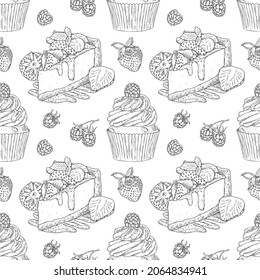 Vector seamless pattern with hand drawn outline cheesecake and cupcake with fresh strawberry and raspberry. Can be used for printing, textiles, packaging paper and sweet bakery menu.