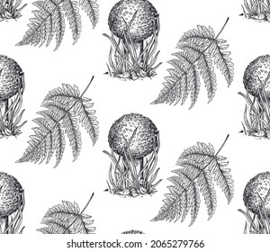 Vector seamless pattern with hand drawn forest plants, fly agaric, on white background. Monochrome endless background in sketch style.