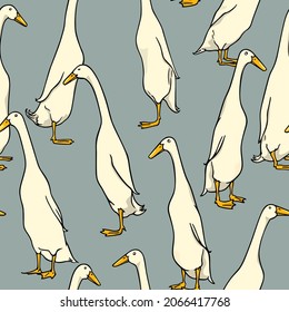 Vector seamless pattern with hand drawn cute white Indian Runner ducks. Ink drawing, beautiful farm products design elements. Perfect for prints and patterns svg
