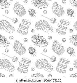 Vector seamless pattern with hand drawn outline different desserts. Can be used for printing, textiles, packaging paper and sweet bakery menu.