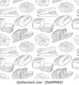Vector seamless pattern with hand drawn outline different bread. Can be used for printing, textiles, packaging paper and sweet bakery menu.