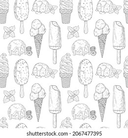 Vector seamless pattern with hand drawn outline different ice cream. Can be used for printing, textiles, packaging paper and dessert menu.