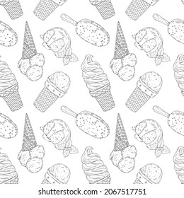 Vector seamless pattern with hand drawn outline different ice cream. Can be used for printing, textiles, packaging paper and dessert menu.