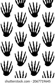 Vector seamless pattern of hand drawn doodle sketch skeleton hand silhouette isolated on white background