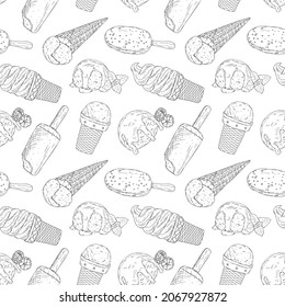 Vector seamless pattern with hand drawn outline different ice cream. Can be used for printing, textiles, packaging paper and dessert menu.