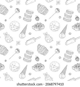 Vector seamless pattern with hand drawn outline different desserts. Outline cupcake, cheesecake, macaroon, donut and ice cream. Can be used for printing, textiles, packaging paper and dessert menu.