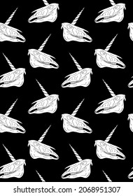Vector seamless pattern of hand drawn doodle sketch unicorn skull isolated on black background