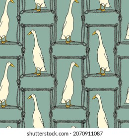 Vector seamless pattern with hand drawn portrait of a cute white Indian Runner duck in nautical rope frame. Ink drawing, beautiful farm products design elements. Perfect for prints and patterns svg