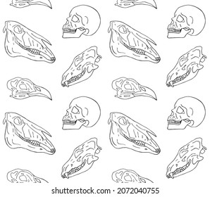 Vector seamless pattern of hand drawn doodle sketch animal and human skull isolated on white background