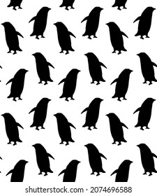Vector seamless pattern of hand drawn penguin silhouette isolated on white background