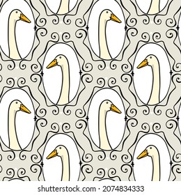 Vector seamless pattern with hand drawn portrait of a cute white Indian Runner duck in elegant vintage frame. Ink drawing, beautiful farm products design elements. Perfect for prints and patterns svg
