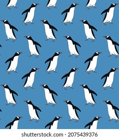 Vector seamless pattern of hand drawn doodle sketch penguin isolated on blue background